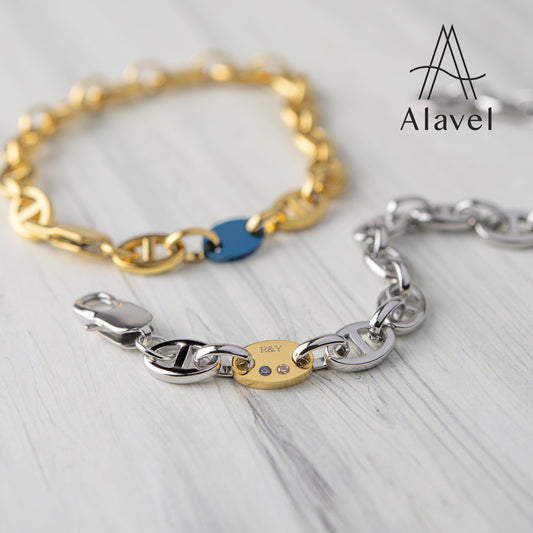 金と銀のアンカーチェーンブレスレット、青と金のアクセント、R&Yの刻印