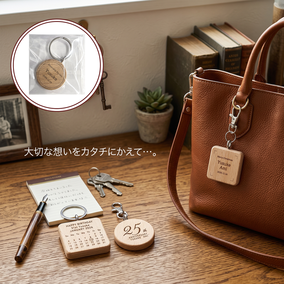 木製のカレンダーや記念日デザインのキーホルダーが置かれたデスクとバッグ